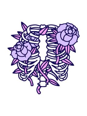 Bir göğüs kafesi ve çiçeklerin ikonik dövme görüntüsünün neon ışık efekti animasyonu