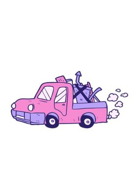 Ivır zıvır dolu eski bir kamyonun hareketli çizgi film animasyonu.