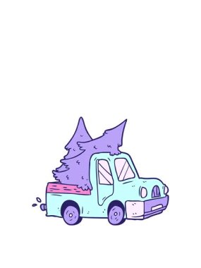 Çizgi film kamyonetinin Noel ağacı taşıyan hareketli animasyonu.