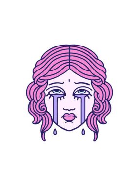 Dövmenin radyoaktif ışıldayan animasyonu geleneksel kadın yüzü ağlama tarzında