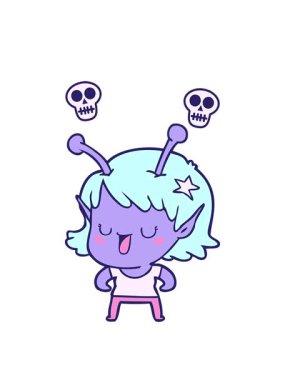 Mutlu uzaylı kız çizgi film tasarımının kafatası animasyonu.