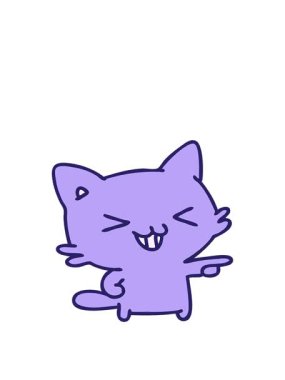 Bir kedinin çizgi filmini göstererek ve gülerek germek.