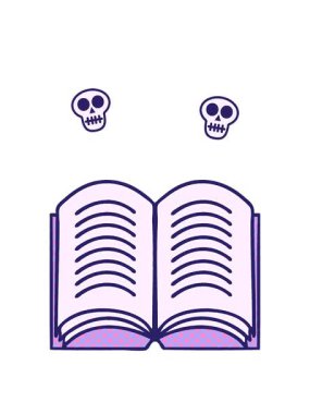 Çizgi roman tarzı açık bir kitabın kafatası animasyonu