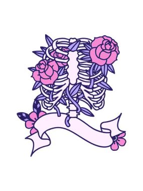 Geleneksel dövmenin sallanan hareketli animasyonu. Göğüs kafesi ve çiçek pankartıyla.