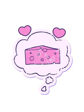 Karikatür peynirinin çarpık kalp animasyonu. Düşünce baloncuğu, yıpranmış bir çıkartma gibi.