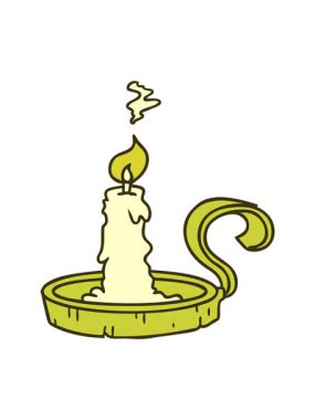 Bir mum tutacağının çizgi film karalaması ve yanan bir mum.