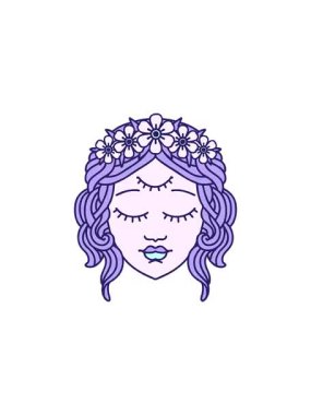 Dövmenin gösterişli satış animasyonu geleneksel kadın yüzlü ve üçüncü gözlü hali.