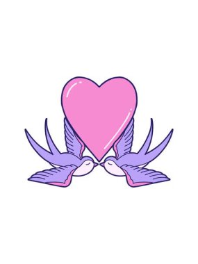 Kırlangıçların ikonik dövme stili görüntüsü ve bir kalp karikatürü.