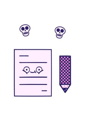 Bir test kağıdının çizgi roman tarzı çizgi filmlerinin kafatası animasyonları