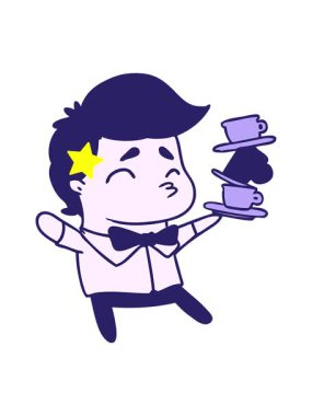 Kıvılcımlar saçan yıldızlar, çizgi film çiziminin animasyonunu etkiler. Sevimli bir garson.