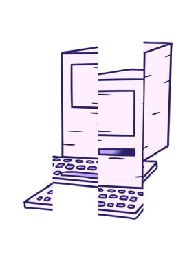 Bir bilgisayar ve klavyenin el çizimi çizgi film karalamalarının bölünmesi