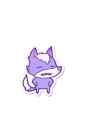 Çizgi film kurdunun dişlerini gösteren çıkartmasını sergiliyor.