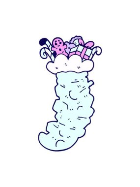 Karikatür karalamalarının neon ışık efektleri oyuncaklarla doldurulmuş Noel çorapları.