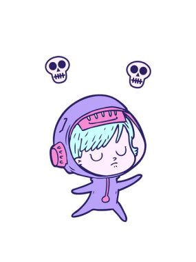 Çizgi film astronot kadın imajının dönen kafatası animasyonu