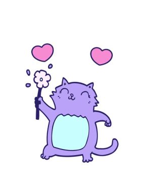 Çiçekli çizgi film kedisinin dönen kalpleri.