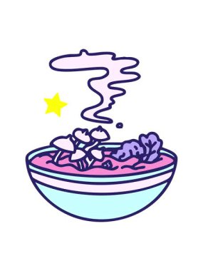 Parıldayan yıldızlar Japon kâsesinde terbiye edilmiş sıcak mantar animasyonunu etkiler.