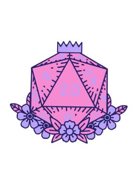 Retro Tattoo Stili 'nin titreşimli hareketli animasyonu. Çiçek elementli doğal 20 D20 zar.