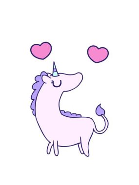 Şirin kawaii tek boynuzlu atının serbest piyasa çiziminin dönen kalpleri.