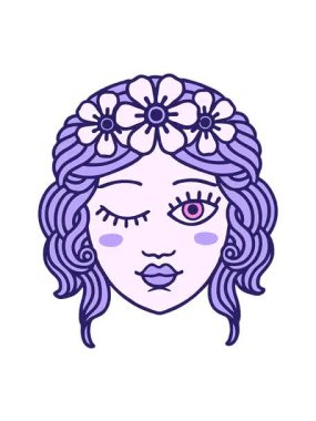 Bir bakirenin göz kırpan yüzünün ikonik dövme şeklindeki görüntüsünün hareketli animasyonu