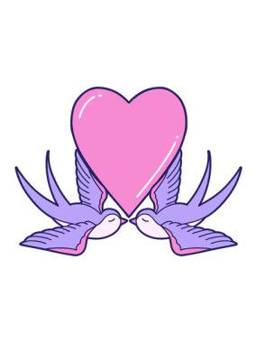 Parlak ışık efektleri ikonik dövme stili kırlangıçlar ve bir kalp karikatürü.