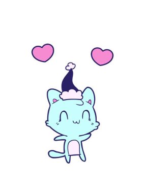 dönen kalp animasyonu çizilmiş el çizimi mutlu bir kedi Noel Baba şapkası takıyor.