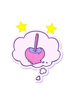 Çizgi film şekerleme elma animasyonu üzerinde düşünce balonu olan dönen yıldızlar.