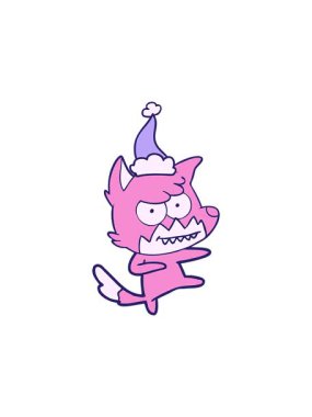 Dikkat çekici el çizimi çizgi çizimi Noel Baba şapkası takan sırıtan bir tilki.