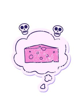 Çizgi film peynirinin kafatası animasyonu. Düşünce baloncuğu, yıpranmış bir çıkartma gibi.