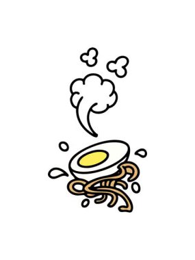 Makarna ve yumurta karışımının sıcak ramen içeriğinin basınçlı animasyonu.