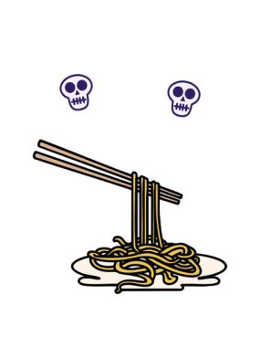 Japon yemek çubuklarının makarna tutarken kafatası animasyonu.