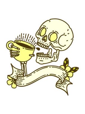 Geleneksel dövmenin rengini değiştiren parlak renkli kahve içen bir kafatası pankartıyla