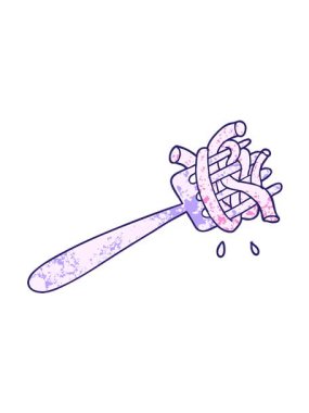 Çatal üzerinde çizgi film makarnasının hareketli animasyonu.