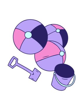 Karikatür çizilen el animasyonunun parlak ışığı. Kova ve kürek ile karalama plaj topları.