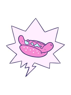 Çizgi film animasyonunun basınçlı canlandırması. Konuşma balonlu taze lezzetli sosisli.