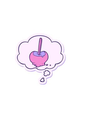 Çizgi film elma şekerinin yatay titreşimli animasyonu. Üzerinde düşünce kabarcığı olan bir etiket.