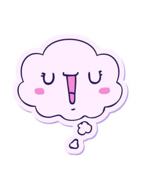 Yazılı çıkartma olarak düşünce baloncuğu olan mutlu bir karikatür yüzünün titreyen hareketi.