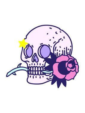 twinkling stars effect animation of tattoo in traditional style of a skull and rose cartoon
