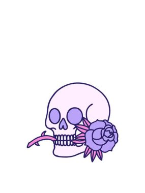 İkonik dövme karikatür şeklindeki bir kafatası ve gül görüntüsünün yükselişi ve yüzüşü