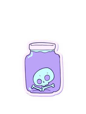 Bir karikatür kavanozunun kafatası yapıştırmasını gererek.