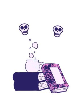 Çizgi film kahve fincanı ve kitapların kafatası animasyonu.