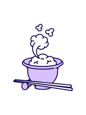 Japon pirincinin çizgi filminin neon ışığı animasyonu geleneksel yemek çubuklarıyla geleneksel kasede.