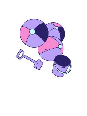 Elle çizilmiş karikatür karalama plaj topları kova ve kürek ile yükselir ve yüzer