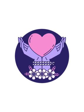 Gösterişli satış animasyonu. İkonik dövme stili. Elleri bağlı ve kalbi var.