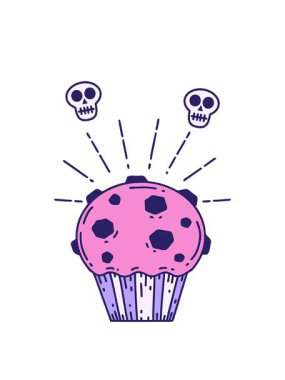 Geleneksel dövme stili çikolatalı kekin resimlerini gösteren kafatası animasyonu.