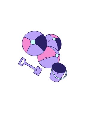 Bir kova ve kürek ile çizilmiş karikatür karalama plaj toplarının gösterişli satış animasyonları