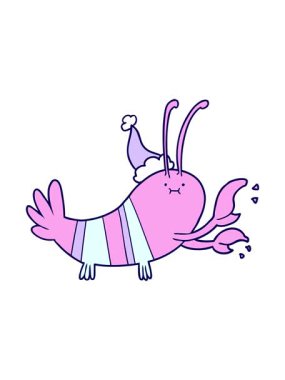 Neon ışık efektleri, Noel Baba şapkası takan bir ıstakozun el çizimi çizimi.