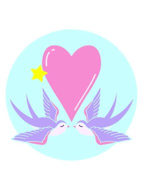 Parıldayan yıldızlar çizgi film ikonik dövme stili kırlangıçların ve bir kalbin animasyonunu etkiler.