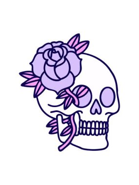 Bir kafatasının ve gülün klasik dövme tarzının neon ışık efekti animasyonu