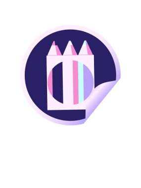 Renkli kalem paketinin canlanması ve yüzdürülmesi grafik vektör çizimi dairesel etiketi