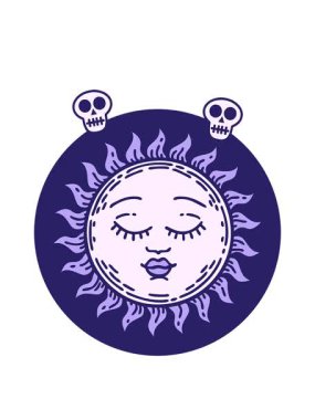 Güneşin ikonik dövme tarzının dönen kafatası animasyonu